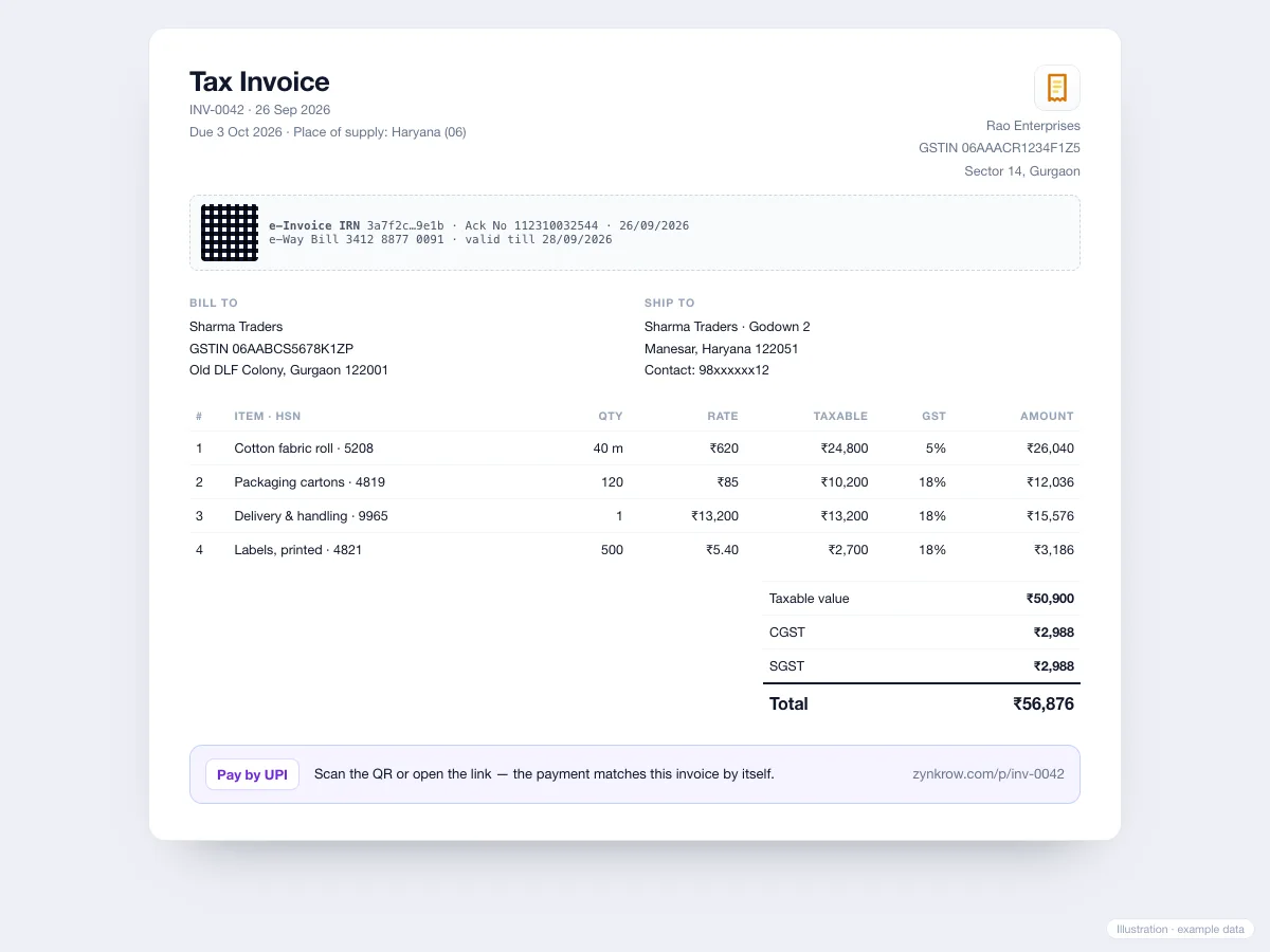 A GST invoice with e-invoice IRN and a UPI payment link