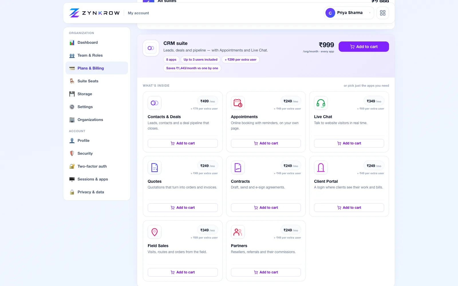 Plans & Billing — every app, its price, its trial